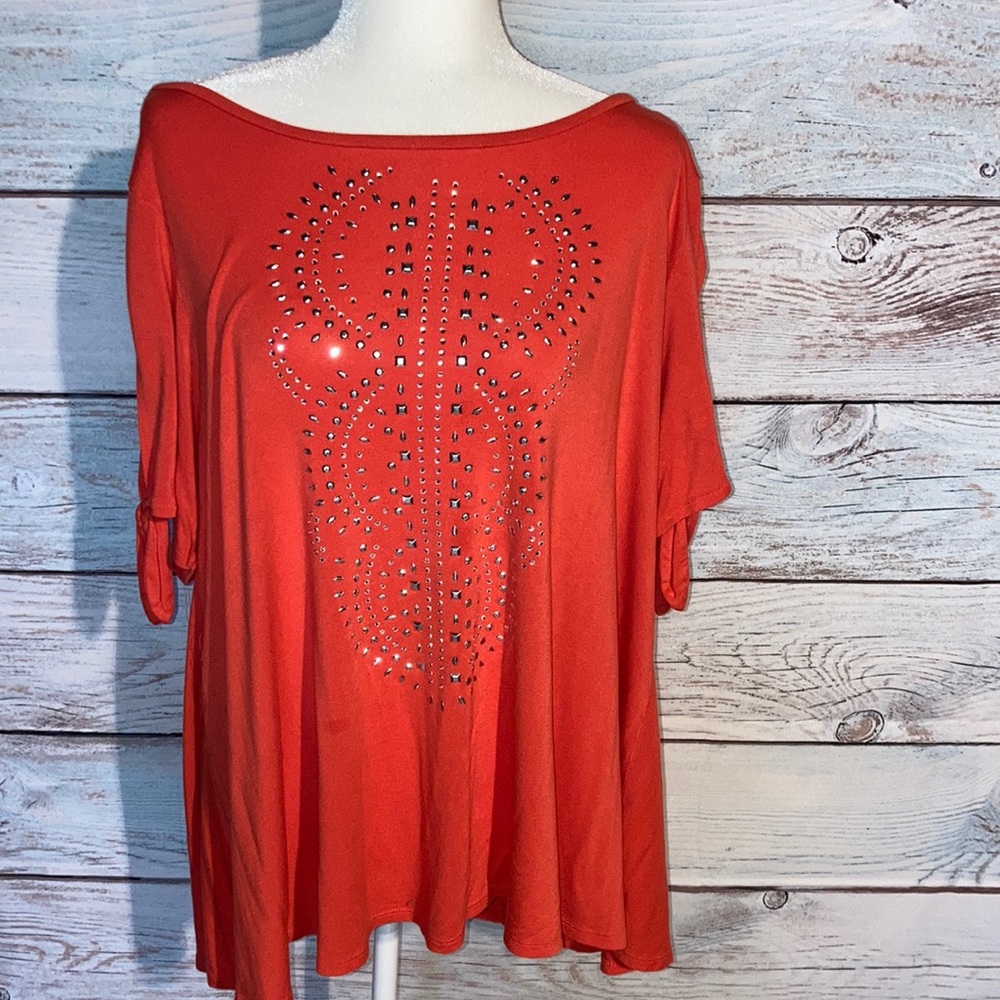 2X scoop neck shirt sleeve studded tunic top by Westport. Orange short sleeve